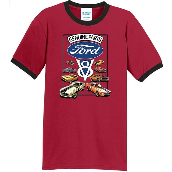 Mens Ford Genuine Parts V8 100% Cotton Ringer Tee Shirt, 2XL Red/Black