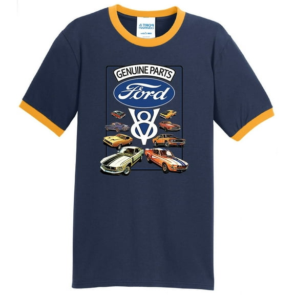 Mens Ford Genuine Parts V8 100% Cotton Ringer Tee Shirt, 3XL Navy/Gold