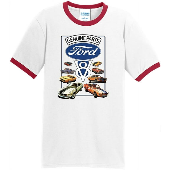 Mens Ford Genuine Parts V8 100% Cotton Ringer Tee Shirt, Large White/Red