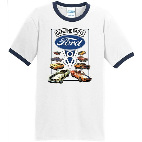 Mens Ford Genuine Parts V8 100% Cotton Ringer Tee Shirt, Medium White/Navy