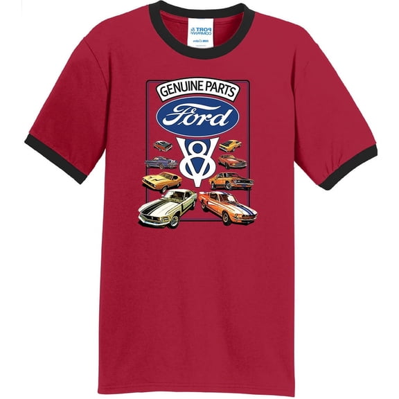 Mens Ford Genuine Parts V8 100% Cotton Ringer Tee Shirt, XL Red/Black