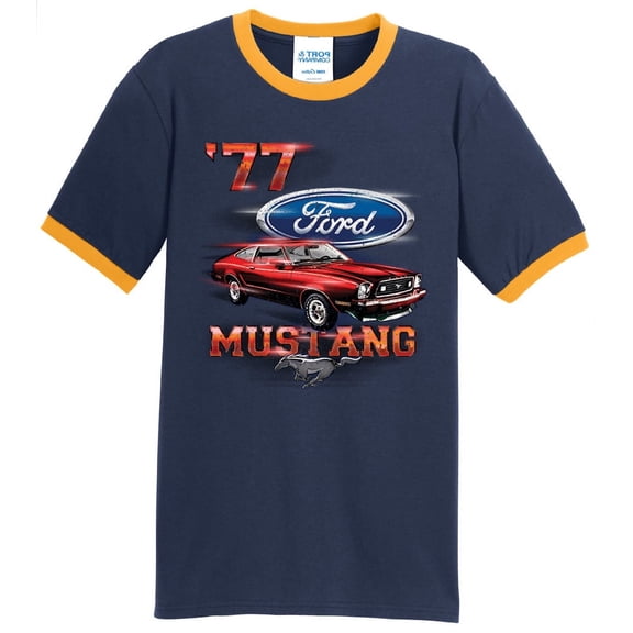 Mens Ford Mustang '77 1977 100% Cotton Ringer Tee Shirt, 2XL Navy/Gold