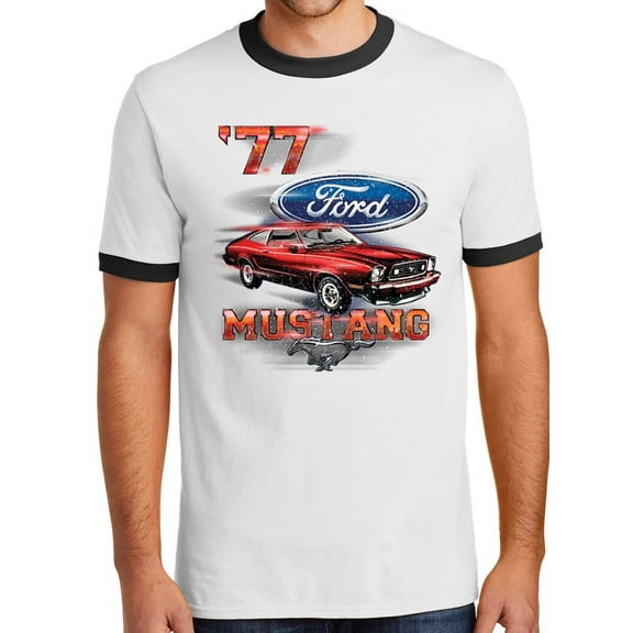 Mens Ford Mustang '77 1977 100% Cotton Ringer Tee Shirt, 2XL White/Black