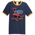 thumbnail image 1 of Mens Ford Mustang '77 1977 100% Cotton Ringer Tee Shirt, Large Navy/Gold, 1 of 5