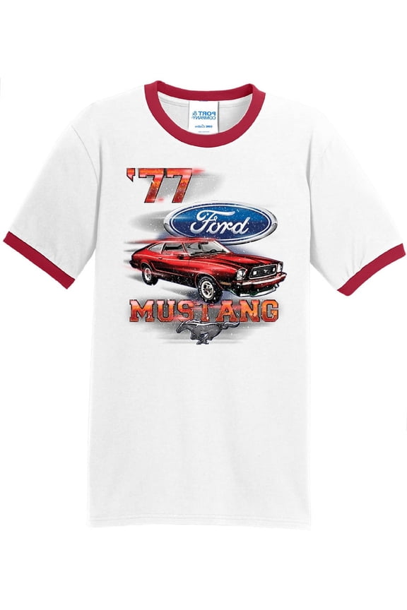 Mens Ford Mustang '77 1977 100% Cotton Ringer Tee Shirt, Large White/Red