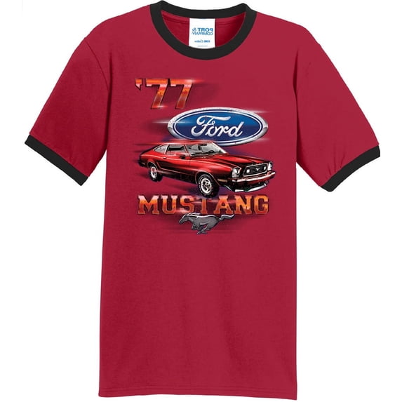 Mens Ford Mustang '77 1977 100% Cotton Ringer Tee Shirt, Medium Red/Black