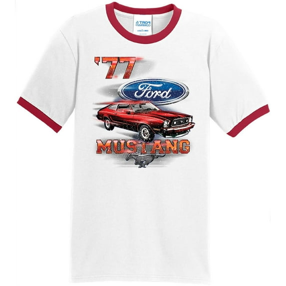 Mens Ford Mustang '77 1977 100% Cotton Ringer Tee Shirt, Medium White/Red