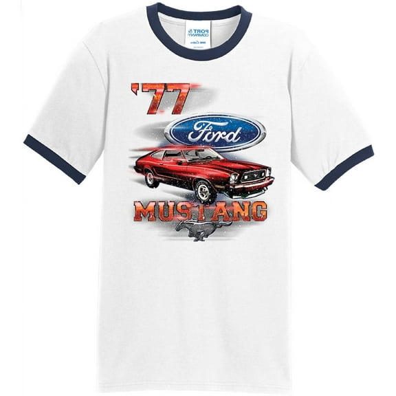 Mens Ford Mustang '77 1977 100% Cotton Ringer Tee Shirt, Small White/Navy