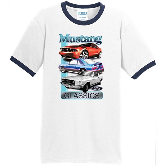 Mens Ford Mustang Classics 100% Cotton Ringer Tee Shirt, Medium White/Navy