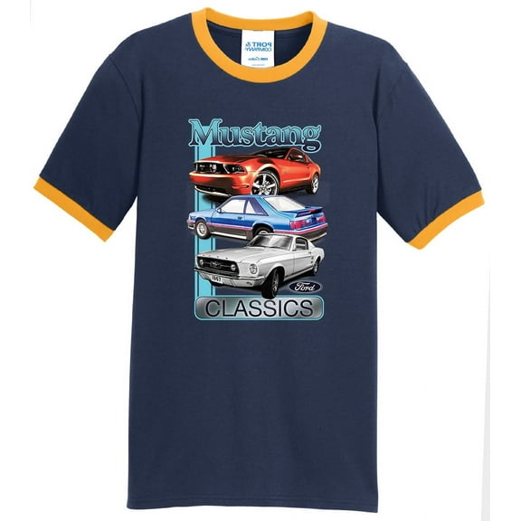 Mens Ford Mustang Classics 100% Cotton Ringer Tee Shirt, XL Navy/Gold