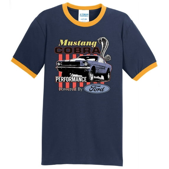Mens Ford Mustang Cobra Performance 100% Cotton Ringer Tee Shirt, 3XL Navy/Gold