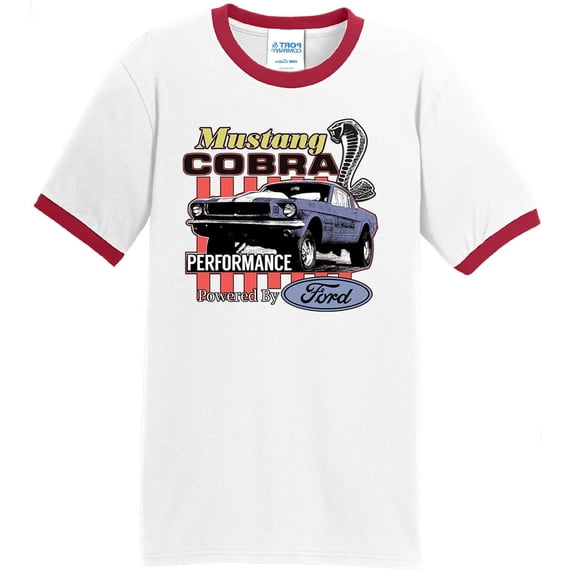 Mens Ford Mustang Cobra Performance 100% Cotton Ringer Tee Shirt, XL White/Red