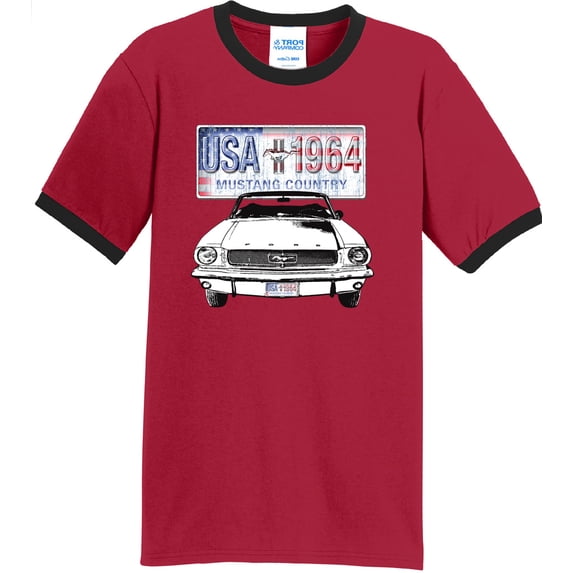 Mens Ford Mustang Country 1964 USA 100% Cotton Ringer Tee Shirt, Large Red/Black