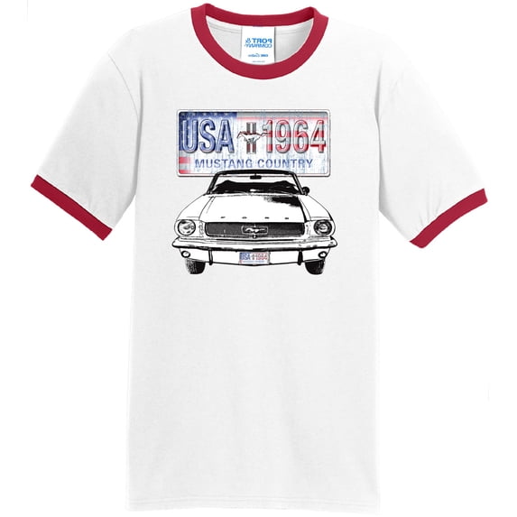 Mens Ford Mustang Country 1964 USA 100% Cotton Ringer Tee Shirt, Large White/Red