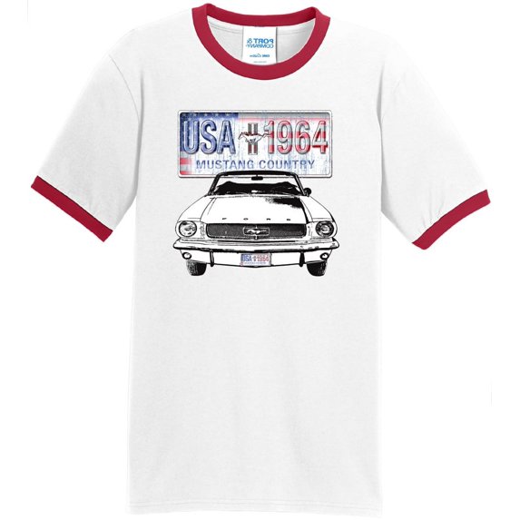 Mens Ford Mustang Country 1964 USA 100% Cotton Ringer Tee Shirt, Large White/Red