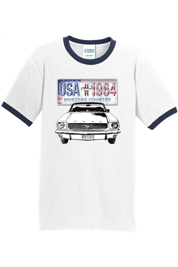 Mens Ford Mustang Country 1964 USA 100% Cotton Ringer Tee Shirt, XL White/Navy