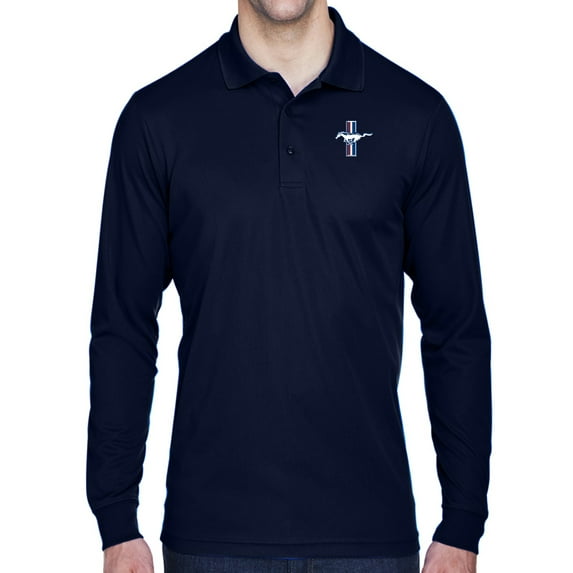Mens Ford Mustang GT Legend Lives Long Sleeve Polo Shirt - Navy, XL