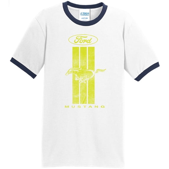 Mens Ford Mustang Green Stripe 100% Cotton Ringer Tee Shirt, 2XL White/Navy
