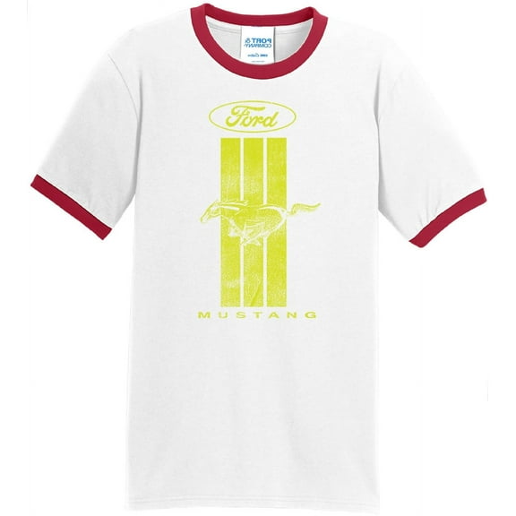 Mens Ford Mustang Green Stripe 100% Cotton Ringer Tee Shirt, Medium White/Red