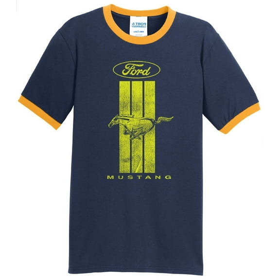 Mens Ford Mustang Green Stripe 100% Cotton Ringer Tee Shirt, XL Navy/Gold