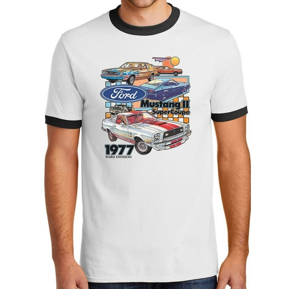 Mens Ford Mustang II Super Coupe 1977 100% Cotton Ringer Tee Shirt, 3XL White/Black