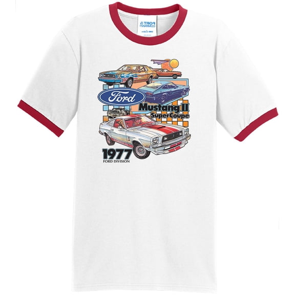 Mens Ford Mustang II Super Coupe 1977 100% Cotton Ringer Tee Shirt, 3XL White/Red