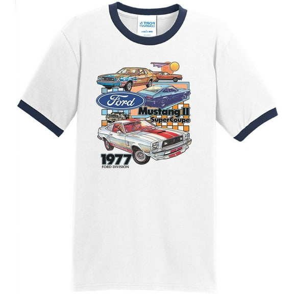 Mens Ford Mustang II Super Coupe 1977 100% Cotton Ringer Tee Shirt, Medium White/Navy