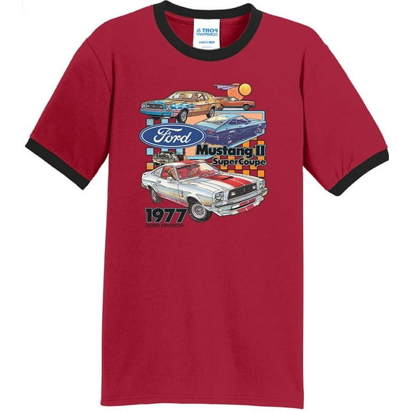 Mens Ford Mustang II Super Coupe 1977 100% Cotton Ringer Tee Shirt, XL Red/Black