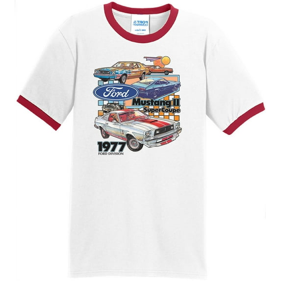 Mens Ford Mustang II Super Coupe 1977 100% Cotton Ringer Tee Shirt, XL White/Red