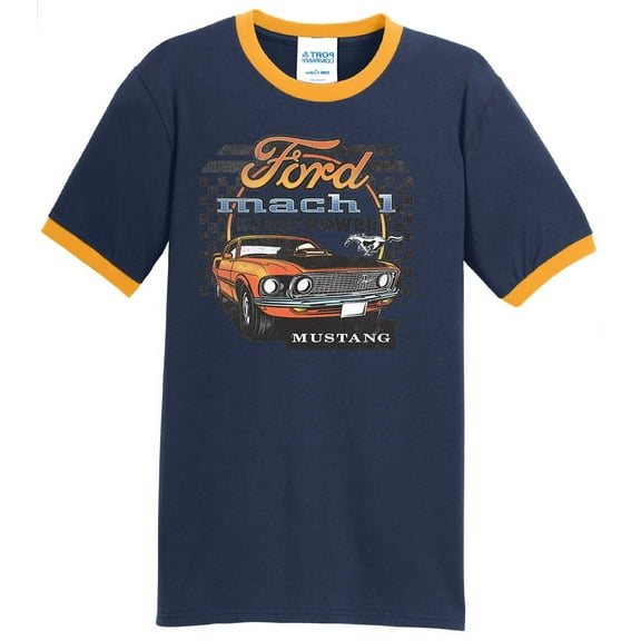 Mens Ford Mustang Mach I Horsepower 100% Cotton Ringer Tee Shirt, 3XL Navy/Gold