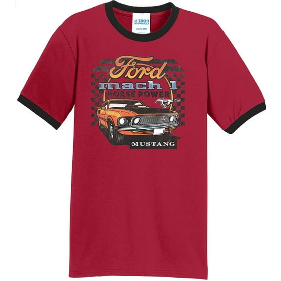 Mens Ford Mustang Mach I Horsepower 100% Cotton Ringer Tee Shirt, XL Red/Black