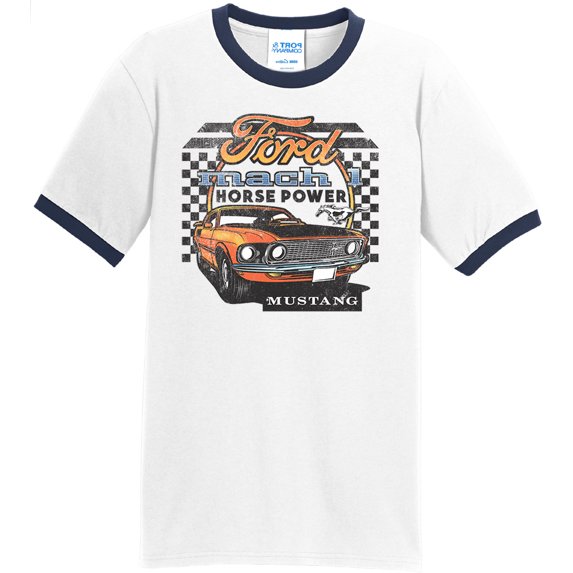 Mens Ford Mustang Mach I Horsepower 100% Cotton Ringer Tee Shirt, XL White/Navy