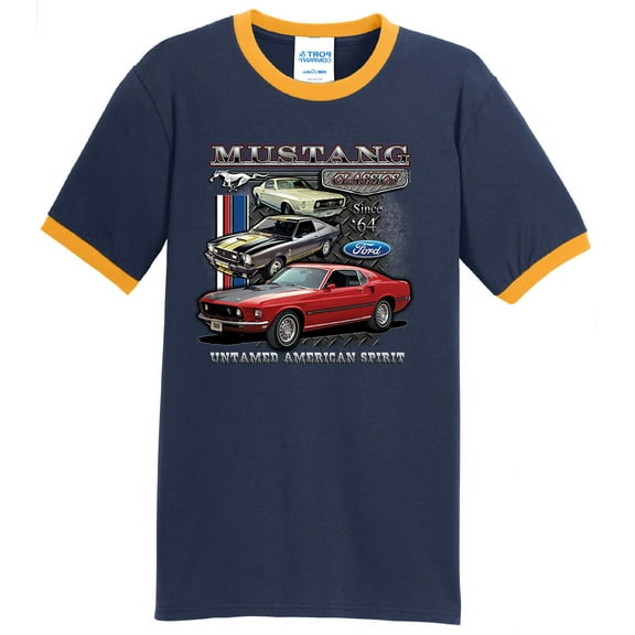 Mens Ford Mustang Untamed 100% Cotton Ringer Tee Shirt, 3XL Navy/Gold