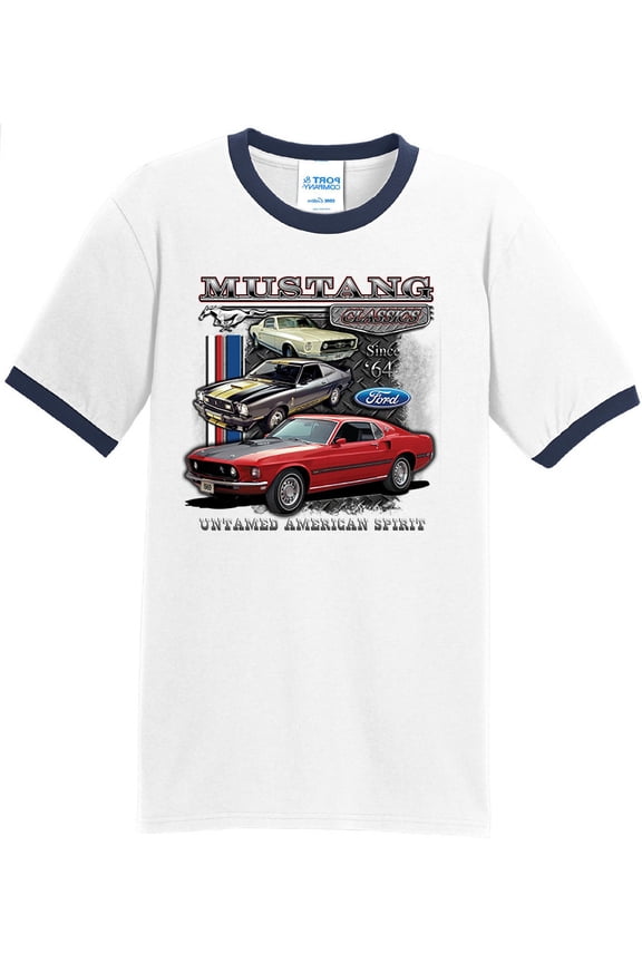 Mens Ford Mustang Untamed 100% Cotton Ringer Tee Shirt, Medium White/Navy