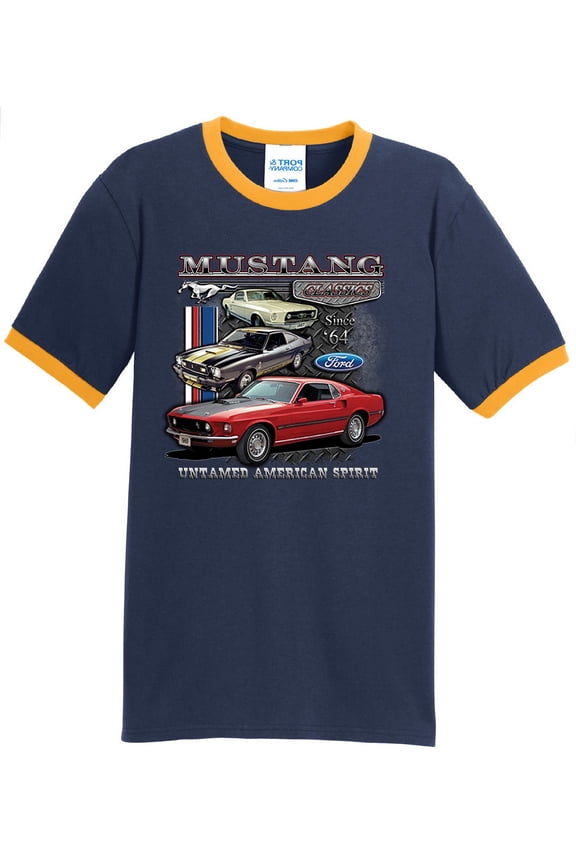 Mens Ford Mustang Untamed 100% Cotton Ringer Tee Shirt, Small Navy/Gold