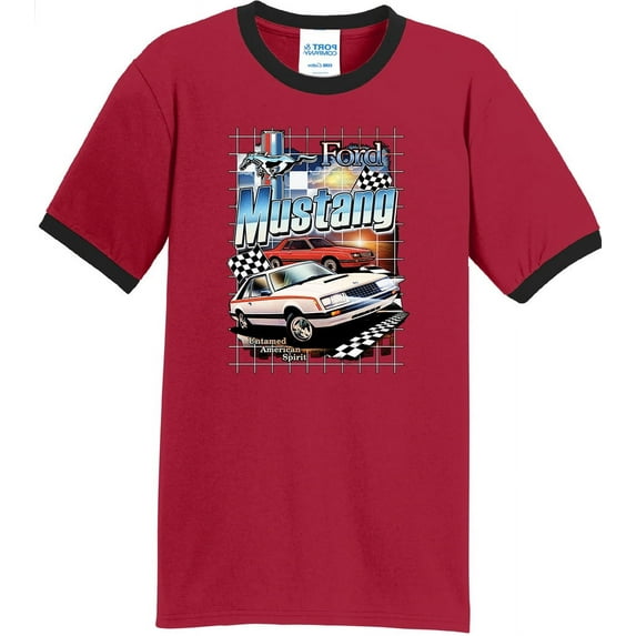 Mens Ford Mustang Untamed American Spirit 100% Cotton Ringer Tee Shirt, 2XL Red/Black