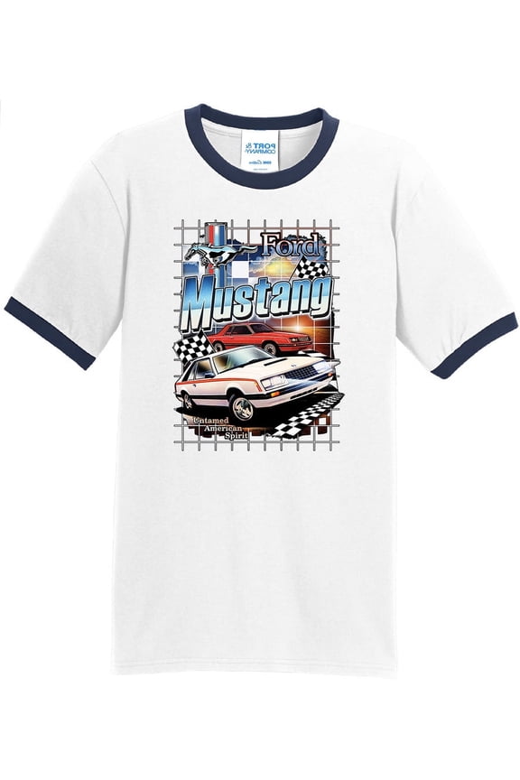 Mens Ford Mustang Untamed American Spirit 100% Cotton Ringer Tee Shirt, Medium White/Navy