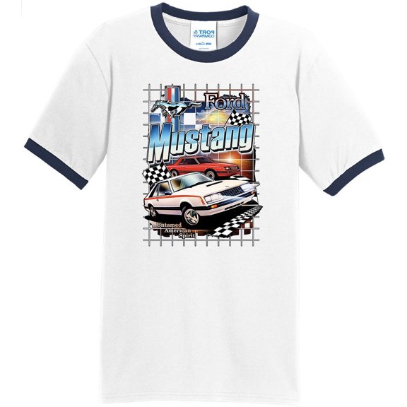 Mens Ford Mustang Untamed American Spirit 100% Cotton Ringer Tee Shirt, Small White/Navy
