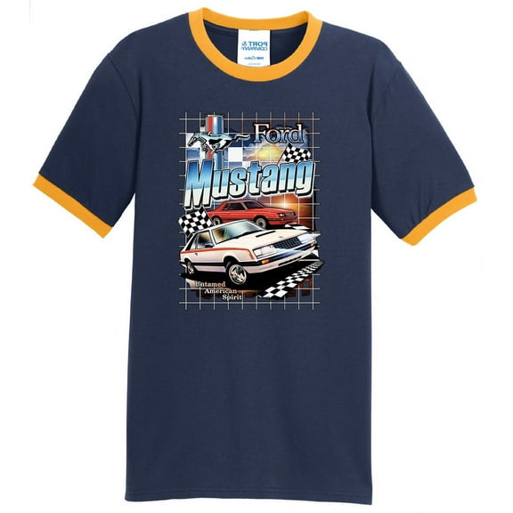 Mens Ford Mustang Untamed American Spirit 100% Cotton Ringer Tee Shirt, XL Navy/Gold