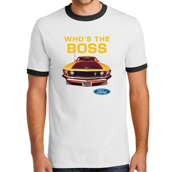 Mens Ford Mustang Who's The Boss 100% Cotton Ringer Tee Shirt, 2XL White/Black