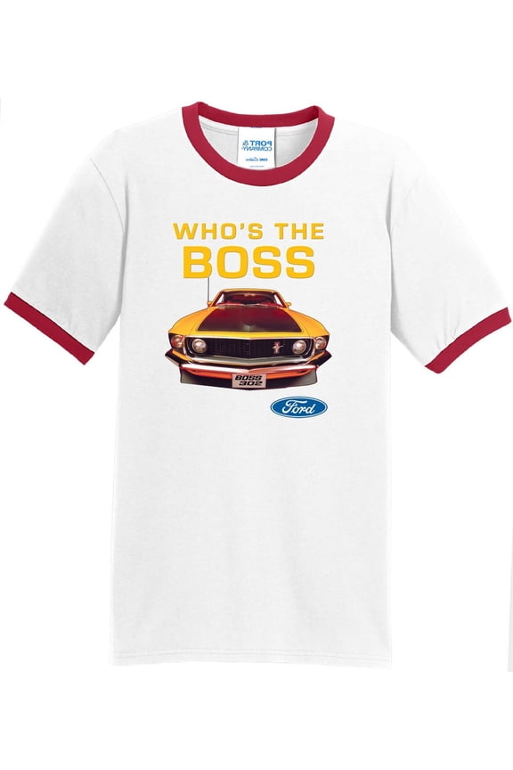 Mens Ford Mustang Who's The Boss 100% Cotton Ringer Tee Shirt, Large White/Red