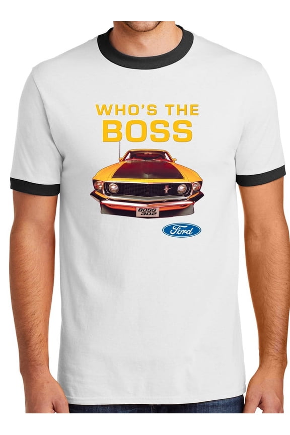 Mens Ford Mustang Who's The Boss 100% Cotton Ringer Tee Shirt, Small White/Black