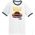 thumbnail image 1 of Mens Ford Mustang Who's The Boss 100% Cotton Ringer Tee Shirt, Small White/Navy, 1 of 5