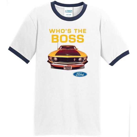 Mens Ford Mustang Who's The Boss 100% Cotton Ringer Tee Shirt, XL White/Navy