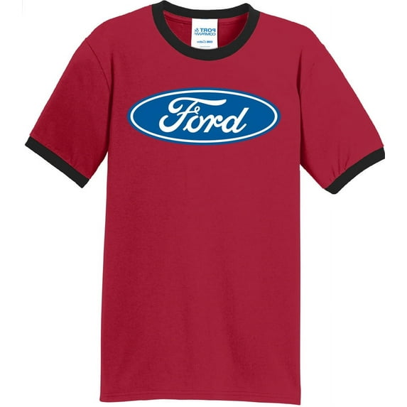 Mens Ford Oval Logo Emblem 100% Cotton Ringer Tee Shirt, 2XL Red/Black