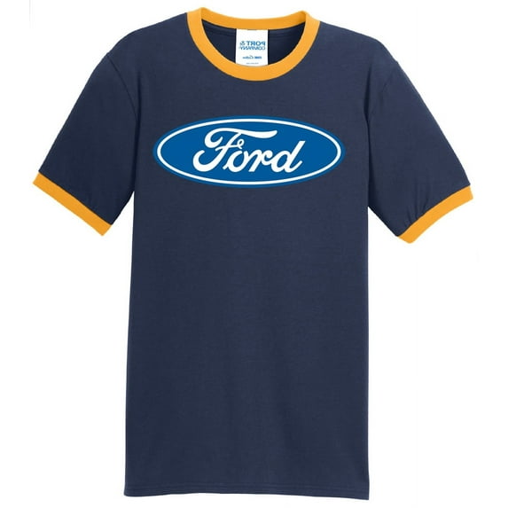 Mens Ford Oval Logo Emblem 100% Cotton Ringer Tee Shirt, 3XL Navy/Gold