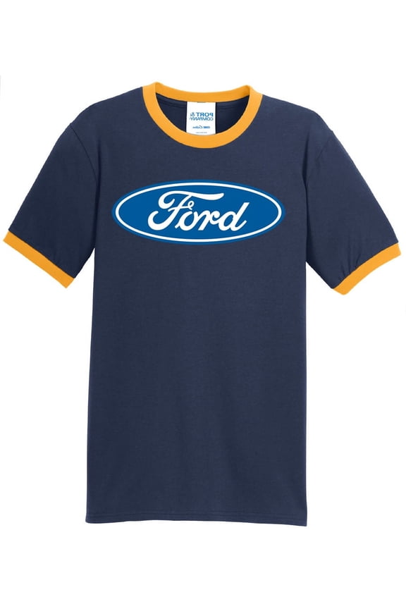 Mens Ford Oval Logo Emblem 100% Cotton Ringer Tee Shirt, Large Navy/Gold