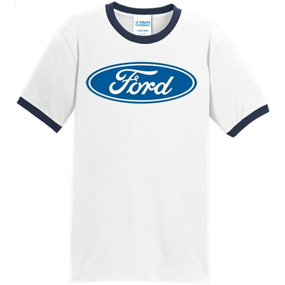 Mens Ford Oval Logo Emblem 100% Cotton Ringer Tee Shirt, Large White/Navy