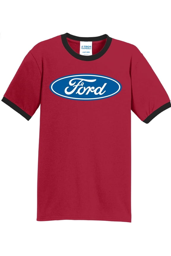 Mens Ford Oval Logo Emblem 100% Cotton Ringer Tee Shirt, Medium Red/Black