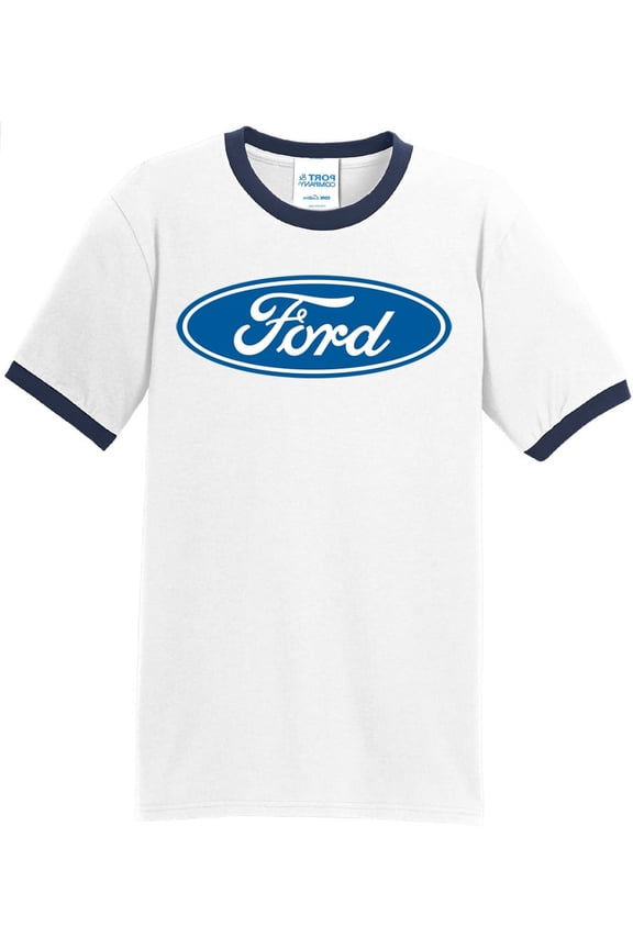 Mens Ford Oval Logo Emblem 100% Cotton Ringer Tee Shirt, Medium White/Navy